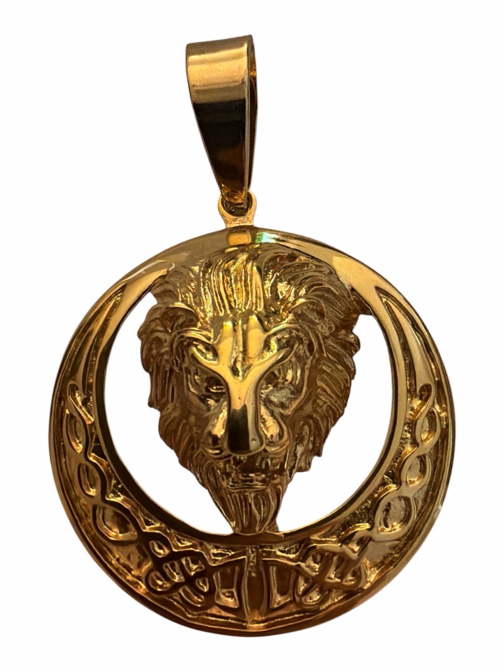 Gold Tone Lion Head Crescent Pendant